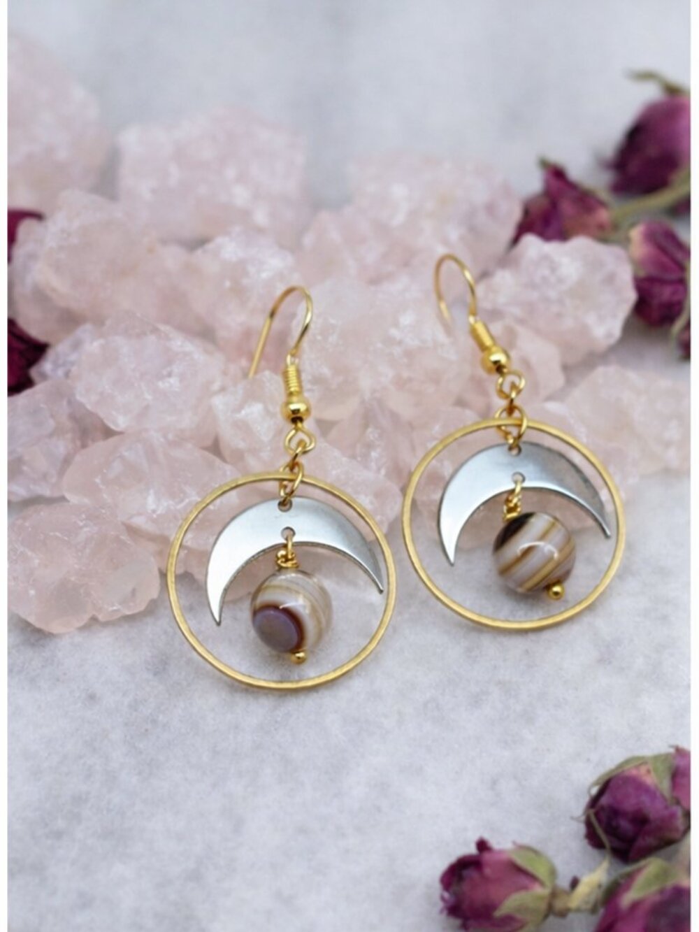 Lè dans la Lune Botswana Agate Crescent Hoop Earrings